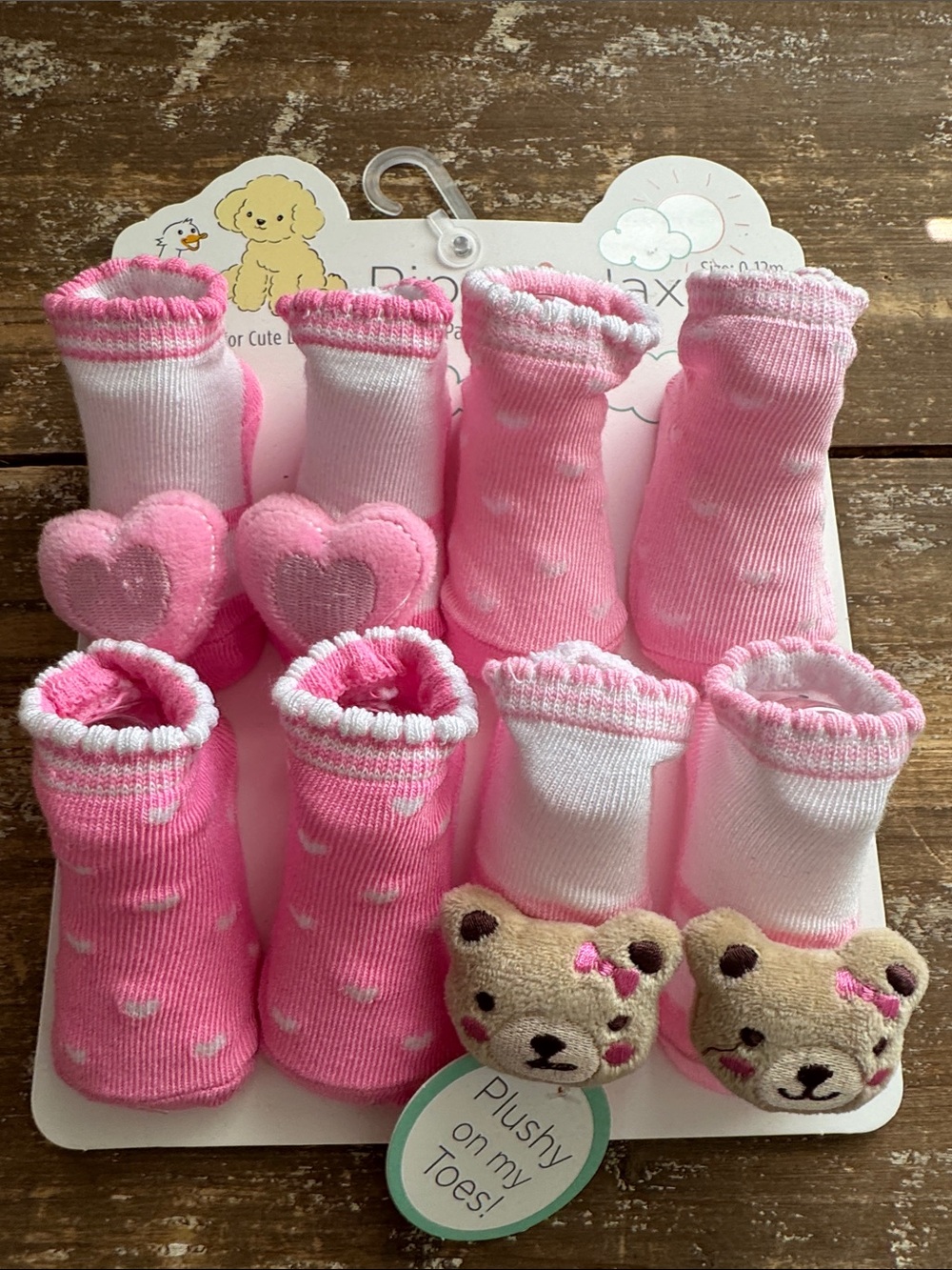 NWT Baby Pink Plush Toe Socks Set - Hearts & Bears Size 0-12M
